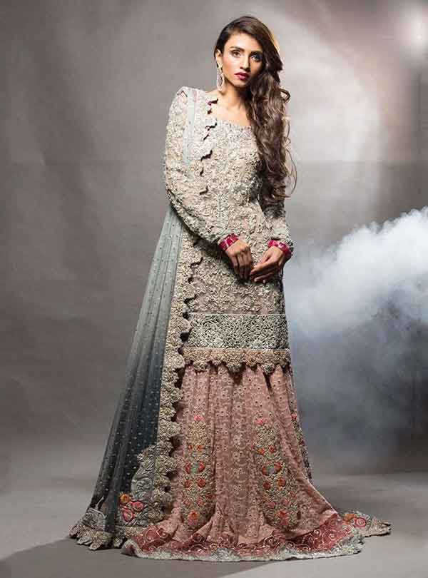 Grey and pink kurti with lehenga for engagement brides