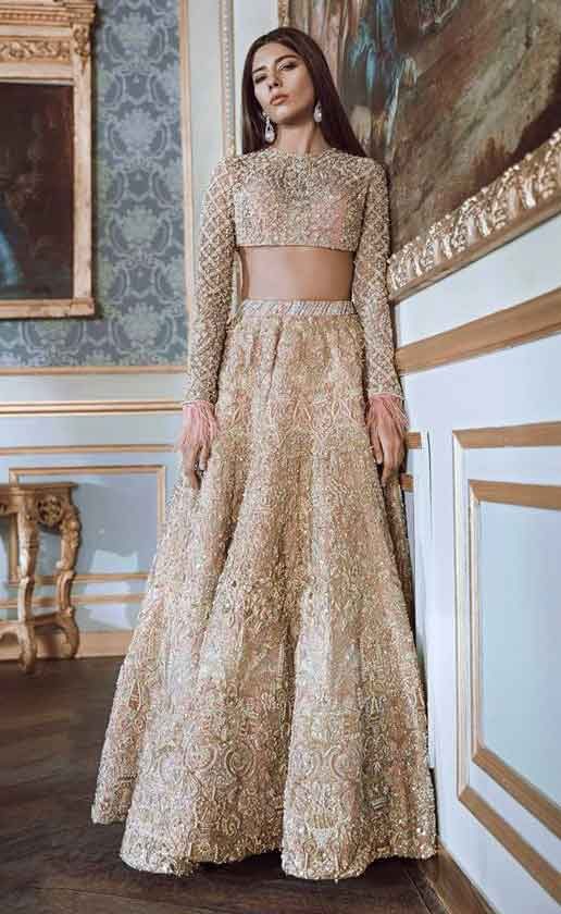 Latest golden lehnga choli for engagement brides