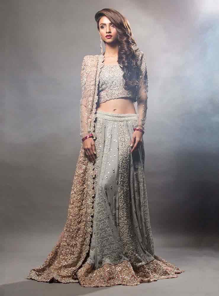 Grey lehnga choli with golden dupatta for engagement