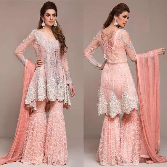 Pink and silver short frock with sharara for engagement