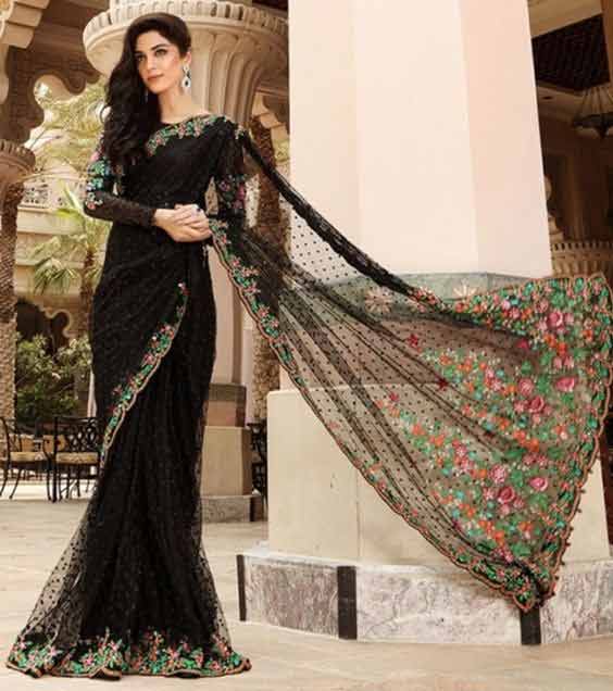 Pakistani black net saree designs for bridals