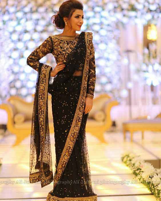 Black net saree designs for bridals in Pakistan