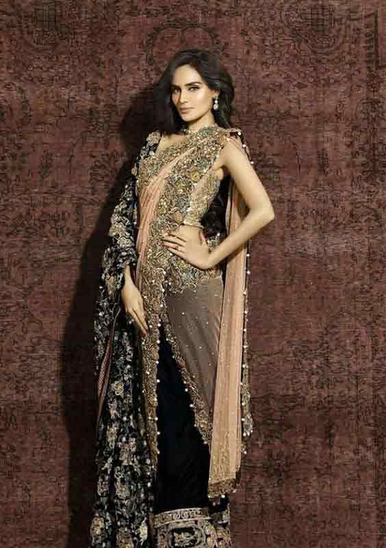 Peach and black bridal saree with shawl for weddings