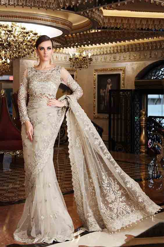 Off-white net saree for bridals in Pakistan