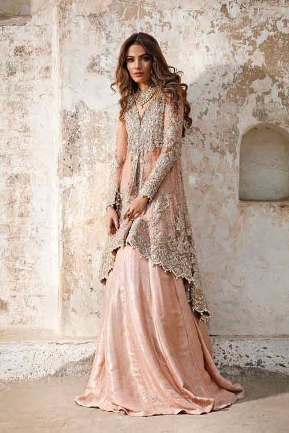 Peach peplum with lehnga for Pakistani bridals