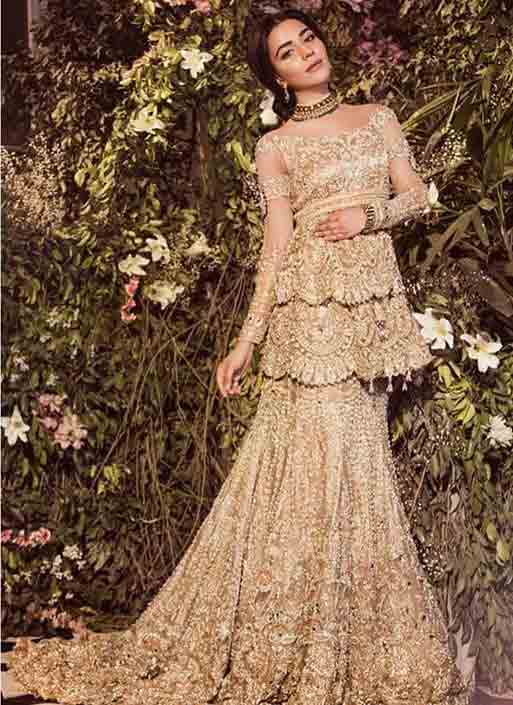 Beautiful golden peplum with fishtail lehnga for Pakistani brides