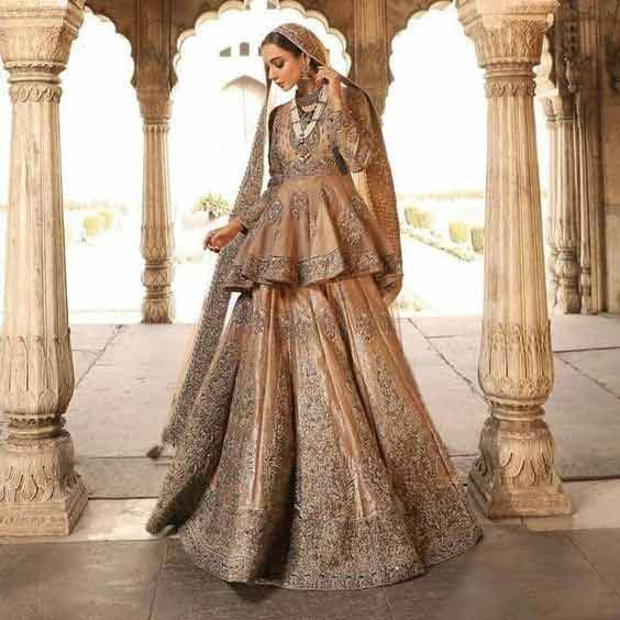 Golden peplum short frock with lehenga for wedding