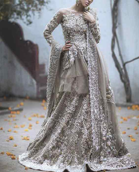 Grey peplum with lehnga and dupatta for Pakistani bridals