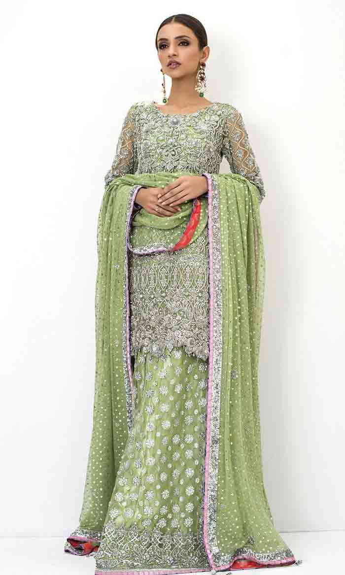 Green knee length kurti with lehenga for brides