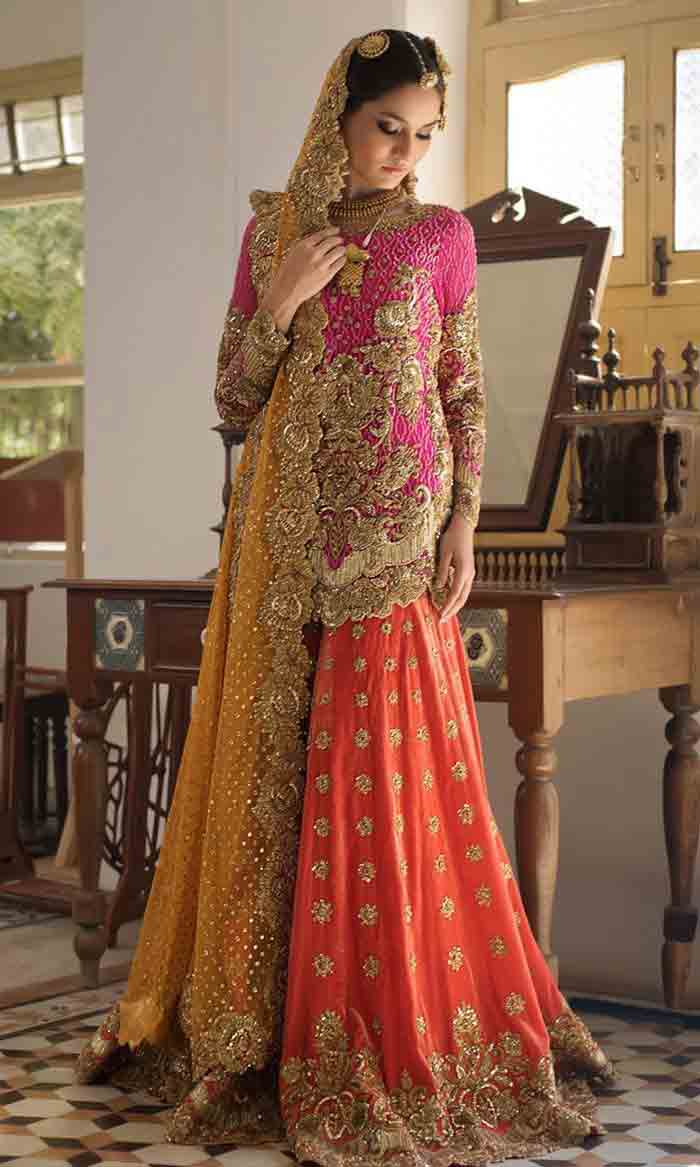 Pakistani bridal mid length kurti with lehenga