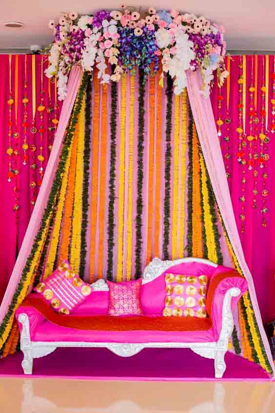 Purple canopy for mehndi stage decor at home