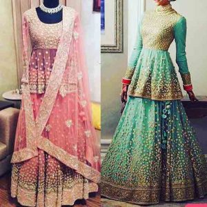 Latest green and pink short peplum frock with matching lehnga designs for Pakistani engagement bride
