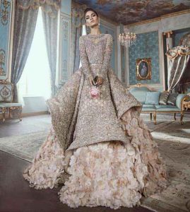 Latest grey and pink frock with lehnga for Pakistani engagement bride