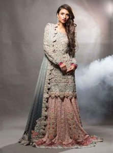 Grey and pink kurti with lehenga for engagement brides