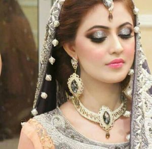 Best Pakistani engagement makeup with grey dress color combinations