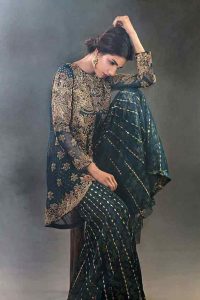 Green and golden short frock with sharara for engagement bride
