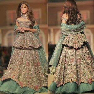 Latest Short peplum frock with formed lehenga for wedding brides in Pakistan