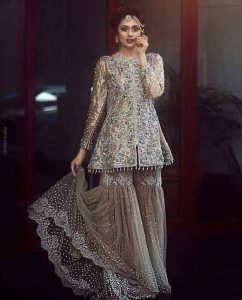 Pakistani peplum frock with sharara for bridals