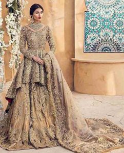 Latest golden peplum frock lehenga for Pakistani wedding brides